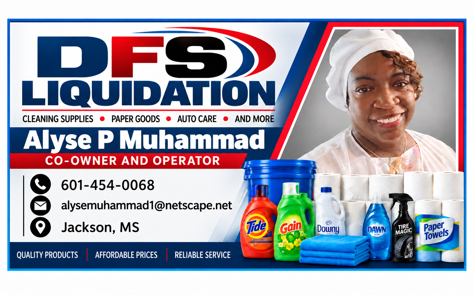 Business card for Alyse P. Muhammad, Co-owner and Operator of DFS Liquidation