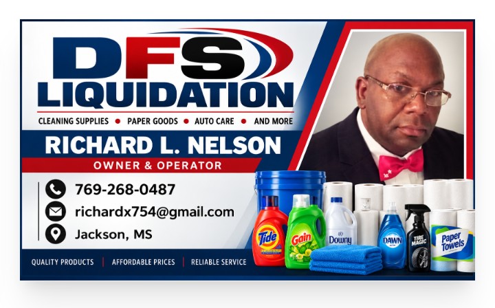 Business card for Richard L. Nelson, Owner and Operator of DFS Liquidation
